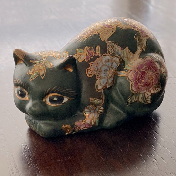 Fitz And Floyd Takahashi Style Cat Figurine Cloisonne Painted Green Flowers 4” - Picture 1 of 8